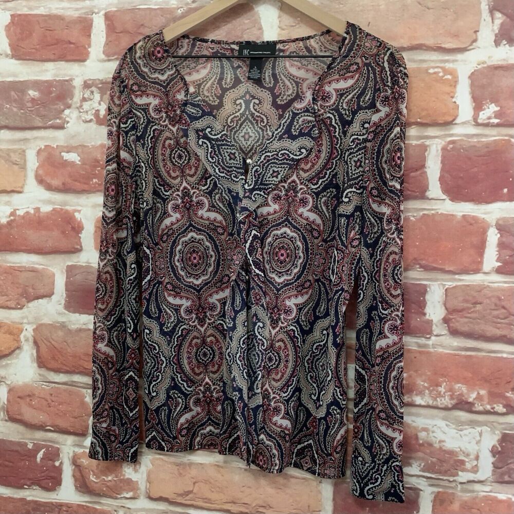 INC Top Shirt Women's Large Multicolor Boho Abstract Sheer Ruffle Button Front - Picture 3 of 8